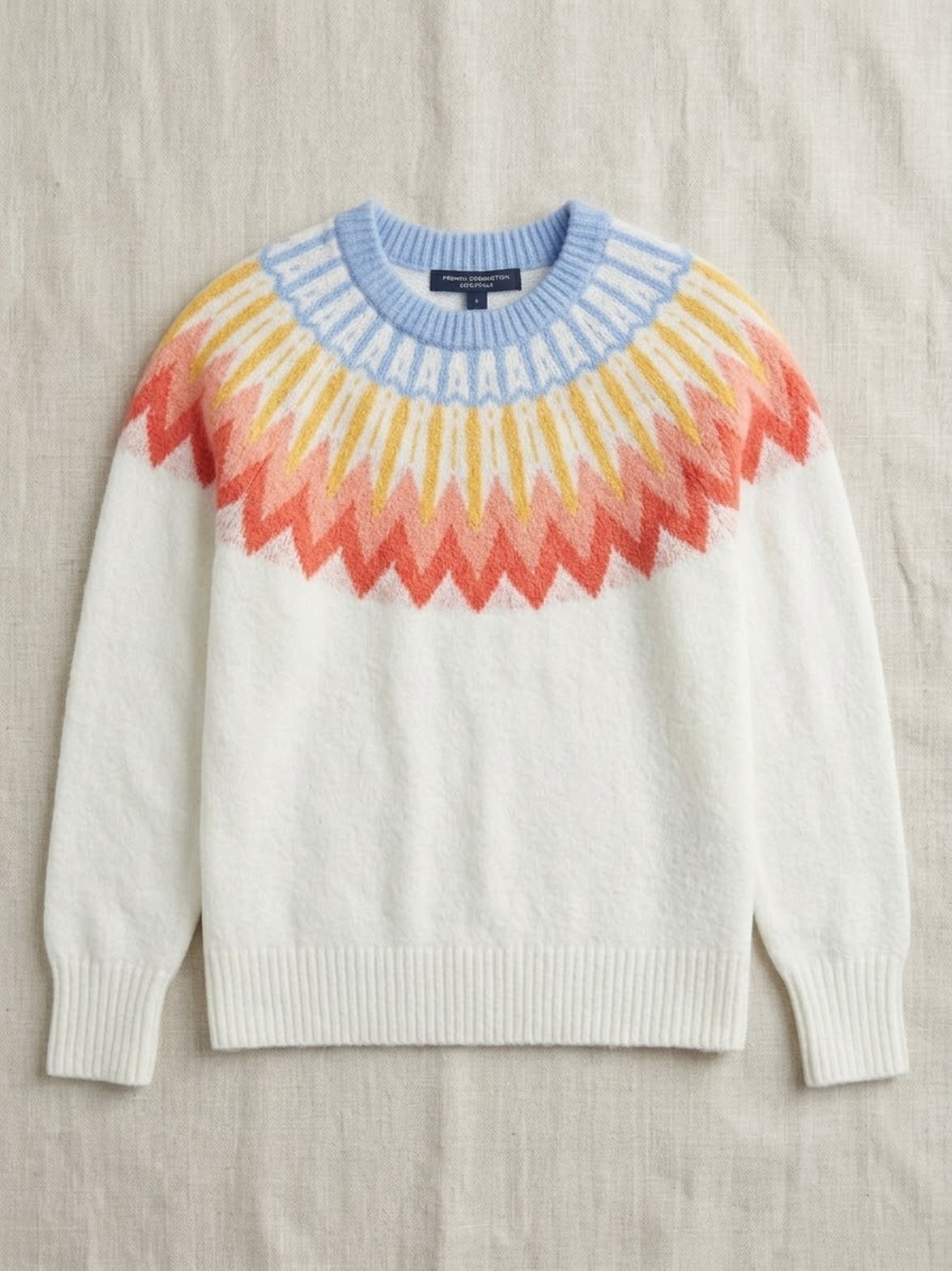 French Connection White Crewneck Sweater with Pastel Fair Isle Yoke